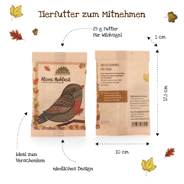 Dos bolsas marrones de alimento para pájaros silvestres "Little Meal", decoradas con motivos de pájaros y hojas de otoño; dimensiones 17,5 cm x 10 cm, contenido 25 g, ideal como regalo.