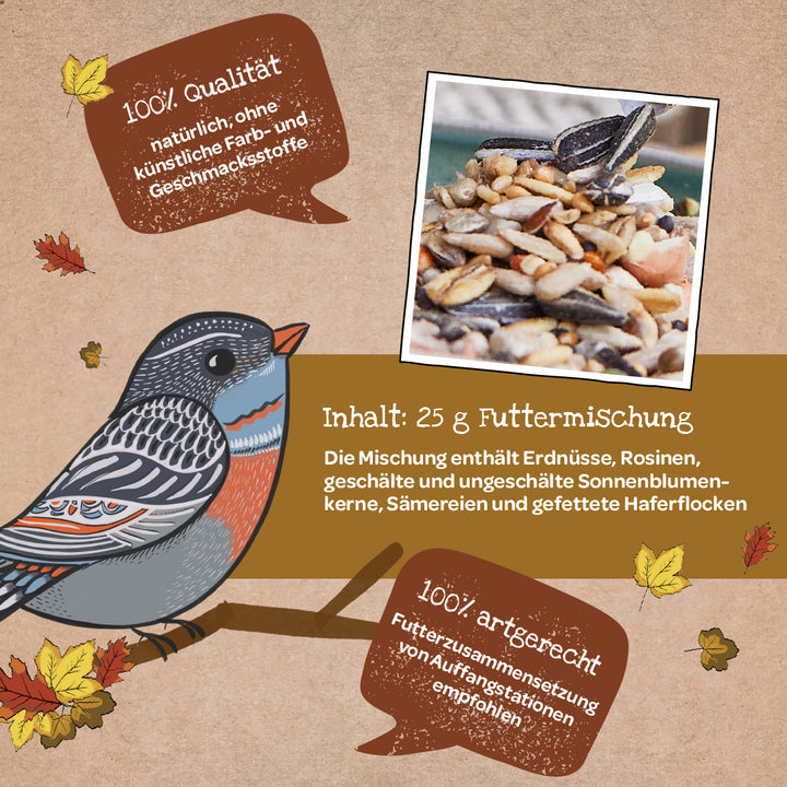 Ilustración de una mezcla de alimento para pájaros con cacahuetes, pasas, semillas de girasol, otras semillas y copos de avena, junto a ella un pájaro dibujado e información sobre la calidad natural y la composición apropiada para la especie del alimento.
