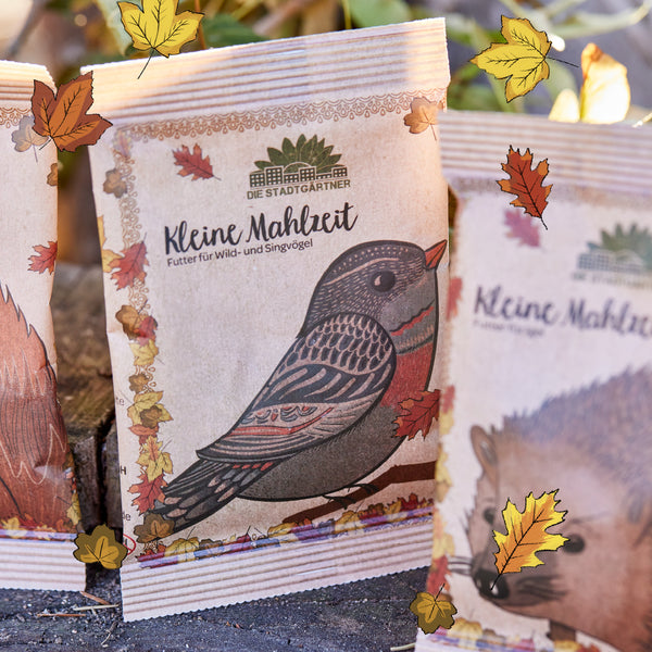 Bolsa de papel con estampado de pájaros y la inscripción "Small Meal - Food for Wild and Songbirds" de Die Stadtgärtner, rodeada de hojas otoñales.