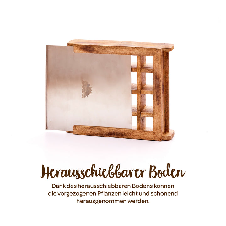 Caja de madera con base metálica extraíble, adecuada para extraer las plantas con cuidado.