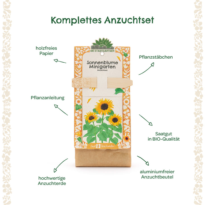 Kit completo de cultivo para girasoles, compuesto por papel sin madera, estacas de plantación, instrucciones de plantación, tierra para macetas de alta calidad, semillas orgánicas y una bolsa de cultivo sin aluminio.