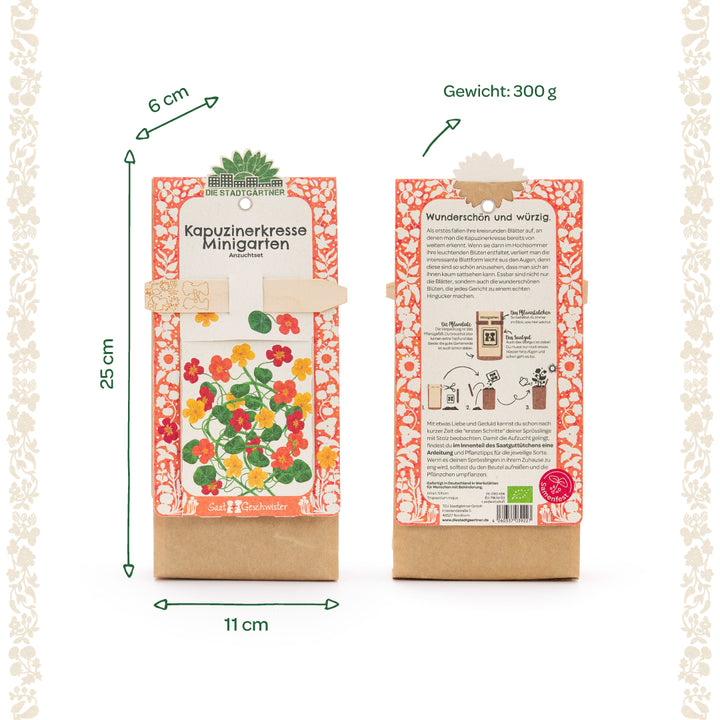 Dos paquetes de un mini kit de cultivo de jardín de capuchina con decoración floral, imágenes de la planta, descripción del producto y las dimensiones 25 cm de alto, 11 cm de ancho, 6 cm de profundidad, peso 300 g.