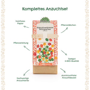 Kit de cultivo completo para capuchinas con instrucciones de plantación, palos de plantación, semillas orgánicas, tierra para macetas de alta calidad, papel sin madera y bolsa de cultivo sin aluminio.
