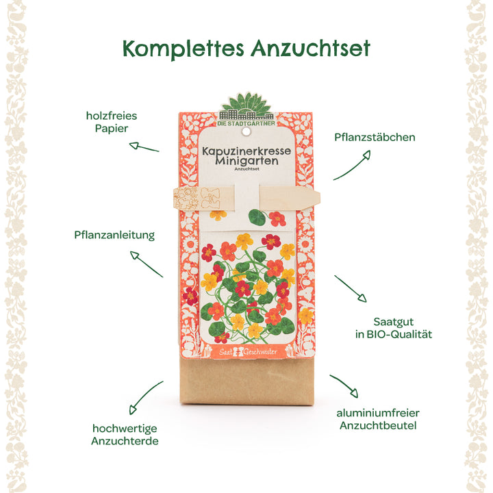 Kit de cultivo completo para capuchinas con instrucciones de plantación, palos de plantación, semillas orgánicas, tierra para macetas de alta calidad, papel sin madera y bolsa de cultivo sin aluminio.