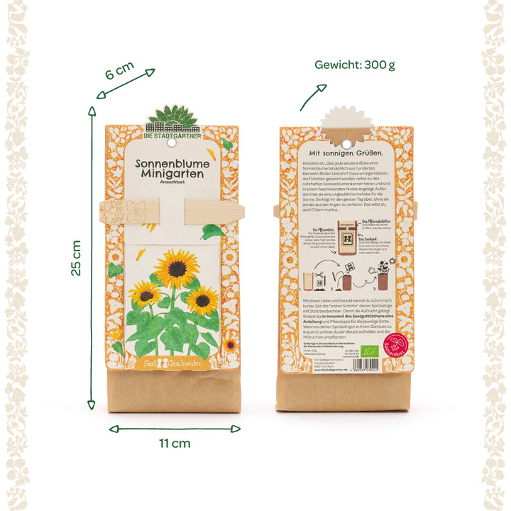 Dos kits de cultivo de mini jardines de girasoles de Die Stadtgärtner, parte frontal y posterior del paquete con diseño soleado, descripción de dimensiones y peso.