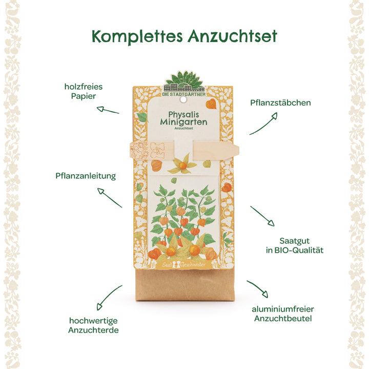 Kit de cultivo completo para Physalis con papel sin madera, estacas para plantar, instrucciones de plantación, semillas orgánicas, tierra para macetas de alta calidad y bolsa de cultivo sin aluminio.