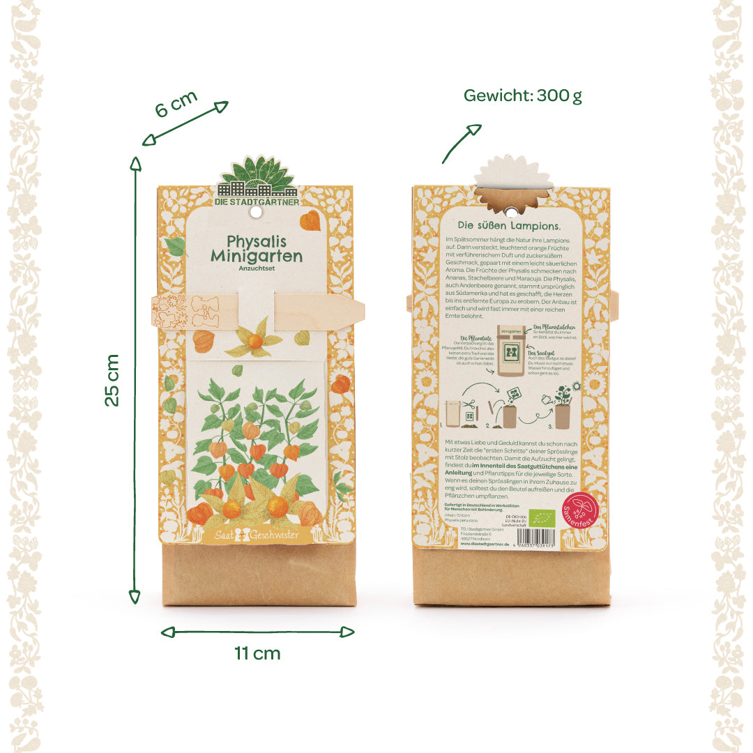 Dos vistas de un kit de cultivo de mini jardín de Physalis en embalaje con plantas mostradas, dimensiones e información de peso.