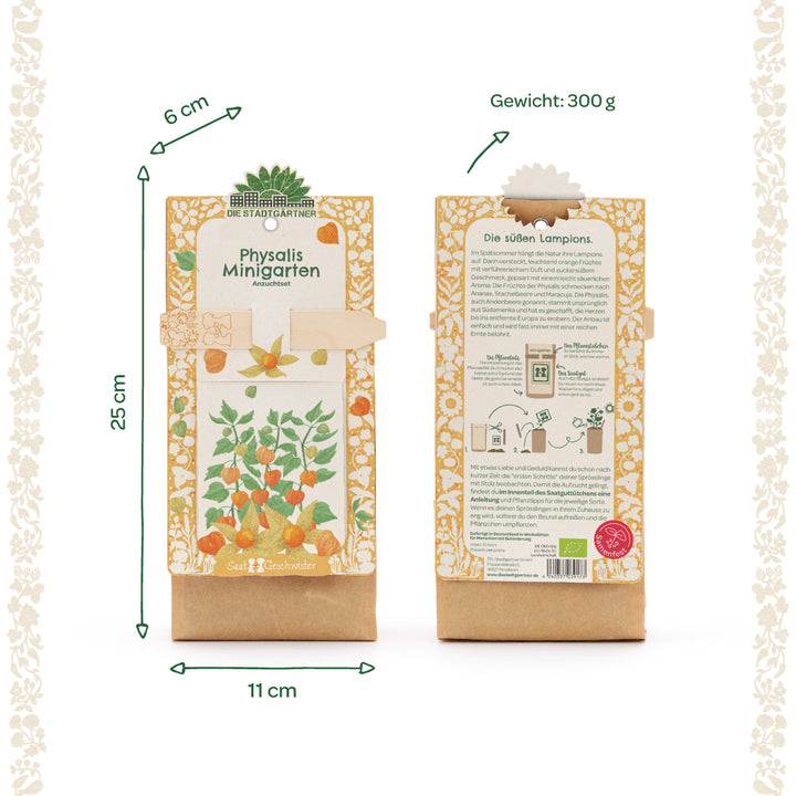 Dos vistas de un kit de cultivo de mini jardín de Physalis en embalaje con plantas mostradas, dimensiones e información de peso.