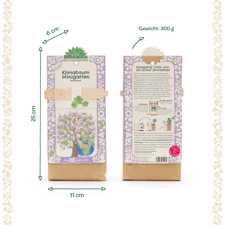 Dos paquetes de un mini kit de cultivo de jardín de árbol climático con un patrón morado, información de tamaño (25 cm x 11 cm x 6 cm) y un peso de 300 g, parte delantera y trasera visibles.
