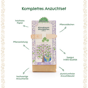 Kit de cultivo completo para un mini jardín de árboles climáticos con estacas de plantación, instrucciones de plantación, papel sin madera, semillas orgánicas, tierra para macetas de alta calidad y una bolsa de cultivo sin aluminio.