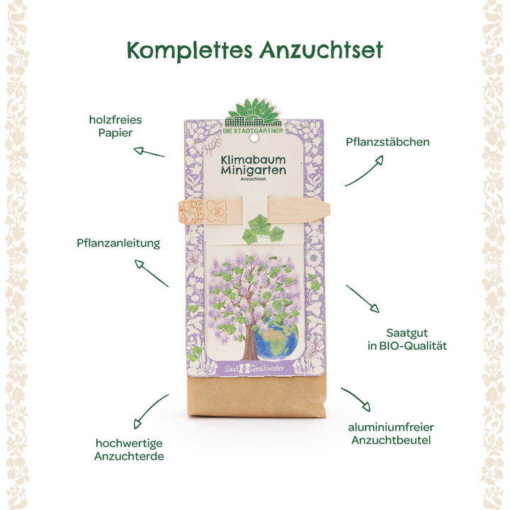 Kit de cultivo completo para un mini jardín de árboles climáticos con estacas de plantación, instrucciones de plantación, papel sin madera, semillas orgánicas, tierra para macetas de alta calidad y una bolsa de cultivo sin aluminio.