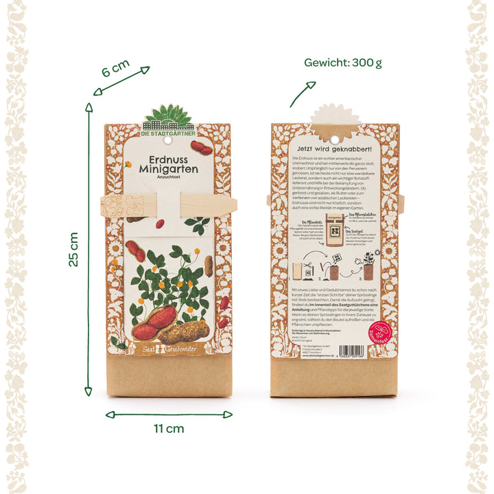 Anverso y reverso de un kit de cultivo de mini huerto de cacahuetes con dimensiones detalladas y un peso de 300 g, diseñado decorativamente y con ilustraciones de plantas de cacahuete.