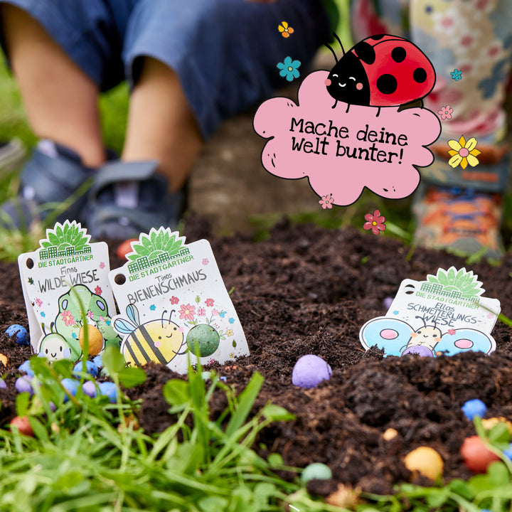 Los niños plantan bombas de semillas de colores en el suelo y, junto a ellas, tarjetas de semillas de colores con ilustraciones y las palabras "¡Haz que tu mundo sea más colorido!" en un globo de diálogo con una mariquita.