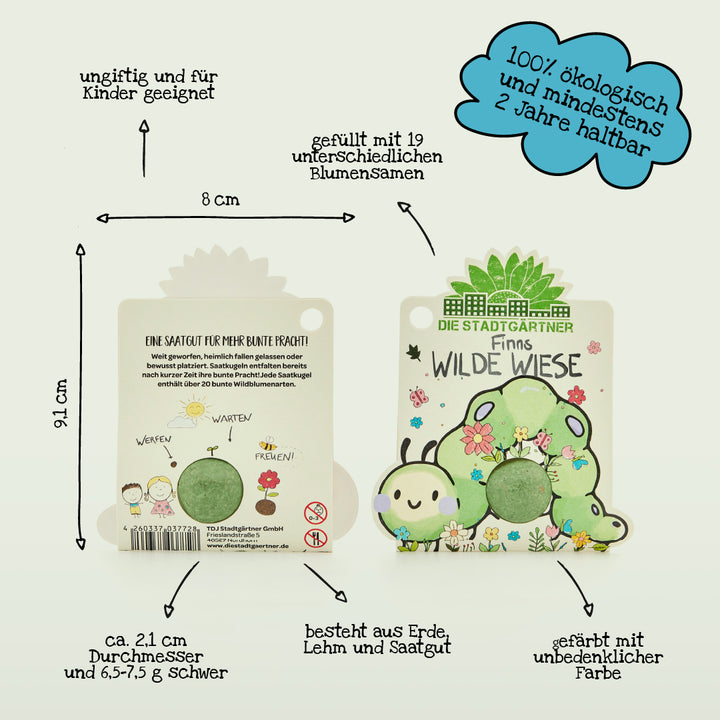 Anverso y reverso de un paquete de semillas ecológico para niños con un diseño colorido y etiquetas sobre tamaño, materiales sostenibles, tinta no tóxica y detalles de uso.