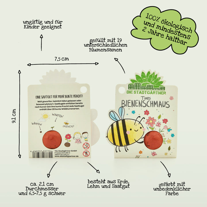 Dos paquetes coloridos de semillas aptas para las abejas, ilustrados con una abeja y flores, así como varias etiquetas en alemán sobre tamaño, contenido, beneficios y sostenibilidad.
