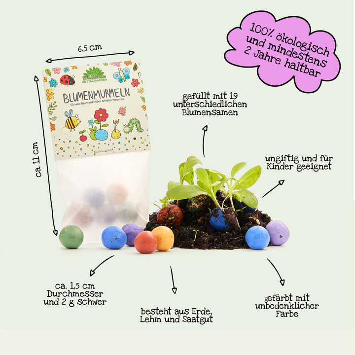 Bolsa de canicas de flores de colores elaboradas con tierra, arcilla y semillas, con plantas y texto descriptivo sobre tamaño, peso y características; 100% ecológicas, no tóxicas y aptas para niños.