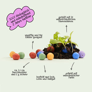 Bombas de semillas coloridas y una planta en germinación con notas informativas en alemán sobre sostenibilidad ecológica y componentes de contenido.