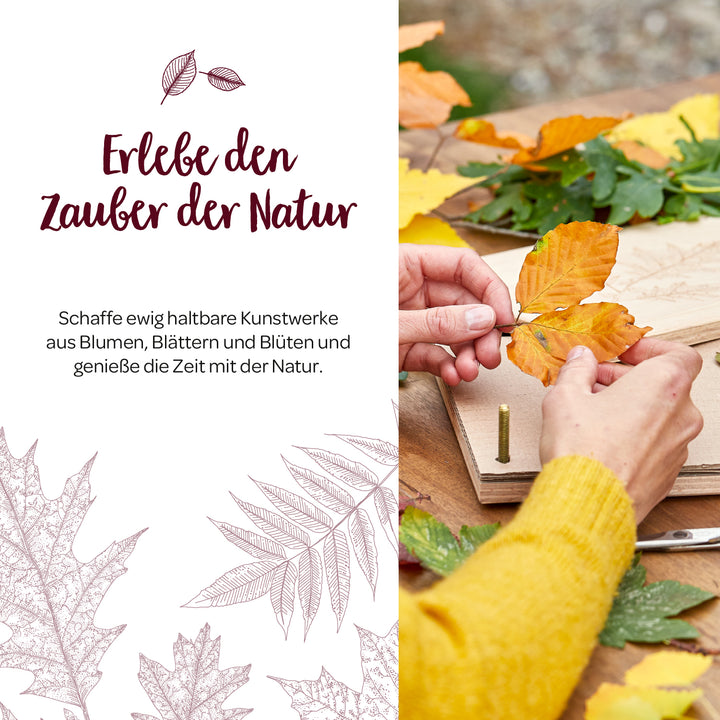 Personaje haciendo manualidades con hojas de otoño de colores en una mesa de madera, junto a ella el texto "Experimenta la magia de la naturaleza" y una descripción en alemán.