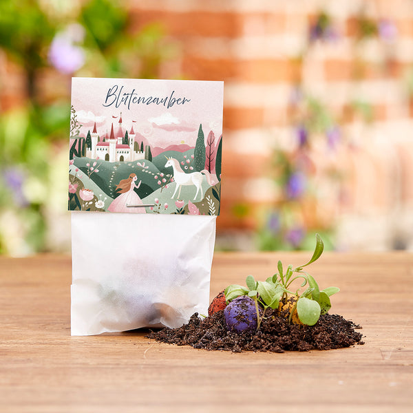 Una bolsa de papel con una ilustración de cuento de hadas y las palabras "Blütenzauber" (Magia de las flores); junto a ella, bombas de semillas de colores y plantas jóvenes en el suelo.