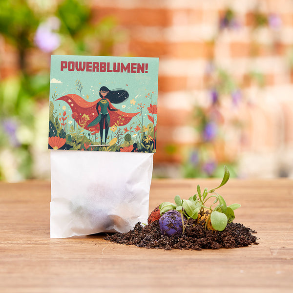 Una bolsa con la etiqueta "Power Flowers!", junto a ella bombas de semillas de colores y pequeñas plantas en el suelo, con flores borrosas y una pared al fondo.