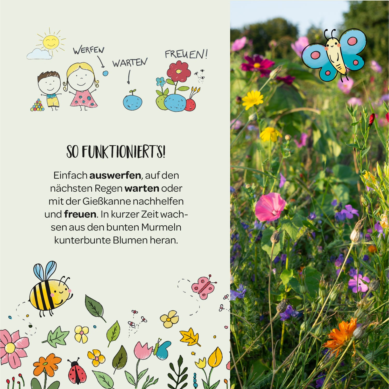 Ilustración e instrucciones para plantar canicas de flores con alegres dibujos de niños, un sol, una abeja, flores y un colorido prado de flores al fondo.