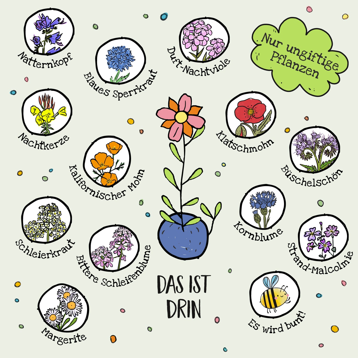 Ilustración de varias especies de flores no tóxicas con sus nombres en alemán en un círculo, incluyendo la víbora, la amapola de California, el aciano y la margarita; en el centro, una flor dibujada en un jarrón, con el texto "Sólo plantas no tóxicas" y "Eso es lo que hay dentro".