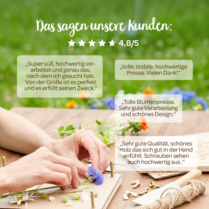 Persona colocando flores de colores en una prensa de madera sobre una mesa de madera al aire libre; arriba, opiniones de clientes en alemán y una calificación de 4,8/5 estrellas.