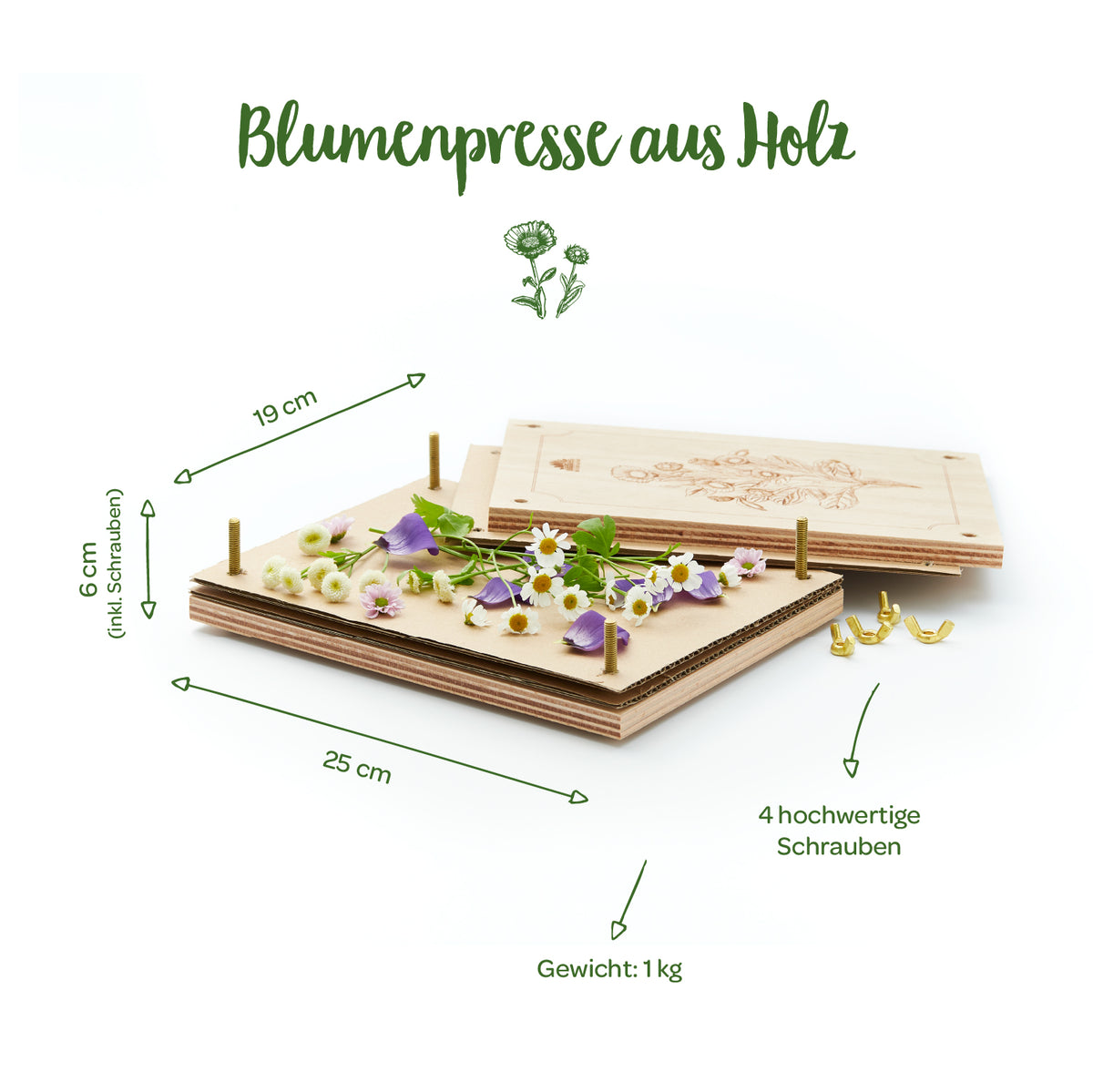Prensa de flores de madera con flores en la parte superior y dimensiones (25 cm x 19 cm x 6 cm), cuatro tornillos y un peso de 1 kg.