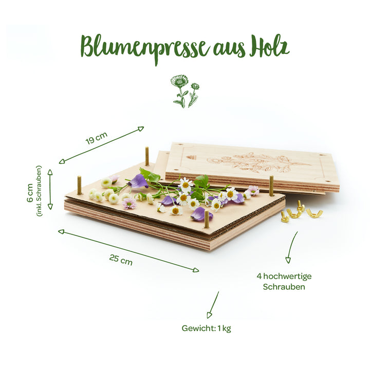 Prensa de flores de madera con flores en la parte superior y dimensiones (25 cm x 19 cm x 6 cm), cuatro tornillos y un peso de 1 kg.
