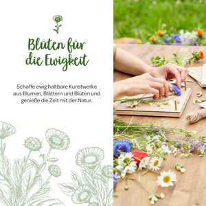 Una persona coloca flores y hojas de colores sobre un tablero para crear una imagen de prensa de flores, junto a ella el texto: "Flores para la eternidad".