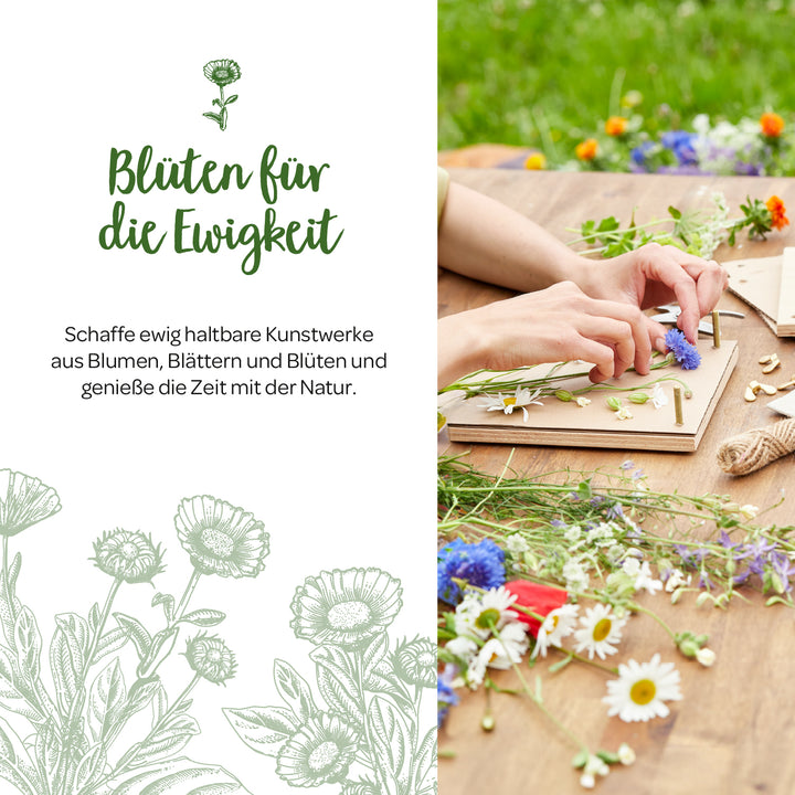 Una persona coloca flores y hojas de colores sobre un tablero para crear una imagen de prensa de flores, junto a ella el texto: "Flores para la eternidad".
