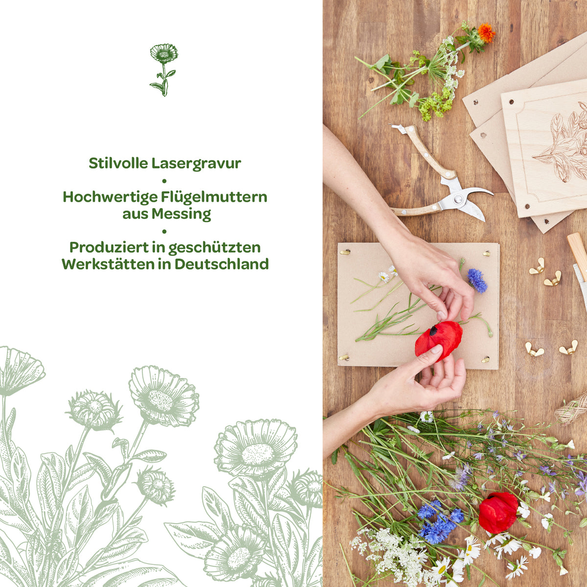 Dos manos colocan flores de colores sobre un marco de madera; junto a él, sobre una mesa de madera, se encuentran herramientas, tuercas de mariposa de latón y placas de madera grabadas. A la izquierda, texto con información sobre el elegante grabado láser y su producción en Alemania.