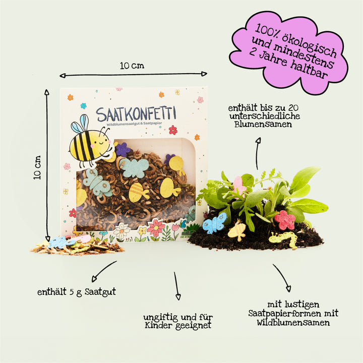 Caja que contiene confeti de semillas elaborado con semillas de flores silvestres, formas de papel con semillas de colores, tierra y plantas, con información de texto sobre el origen orgánico, si es apto para niños, cantidad de semillas y variedad de semillas.