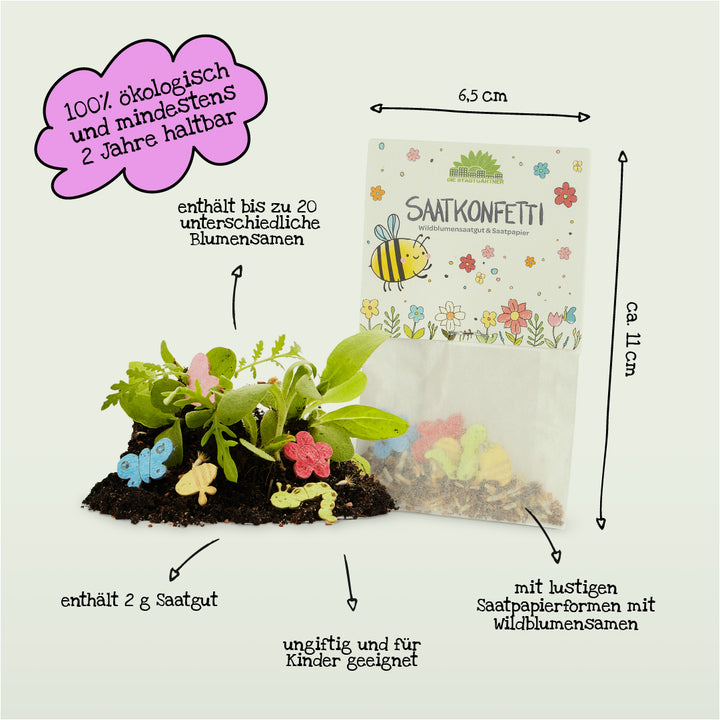 Una pequeña bolsa de "confeti de semillas" que contiene formas de papel con semillas de colores y semillas de flores silvestres, con plantas y figuras de papel con semillas que crecen en la tierra al lado; el texto resalta las cualidades ecológicas, amigables para los niños y sustentables.
