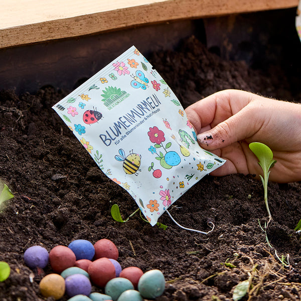 Una mano sostiene una bolsa colorida de semillas de flores sobre una cama, con varias bombas de semillas de colores tiradas en el suelo al lado.