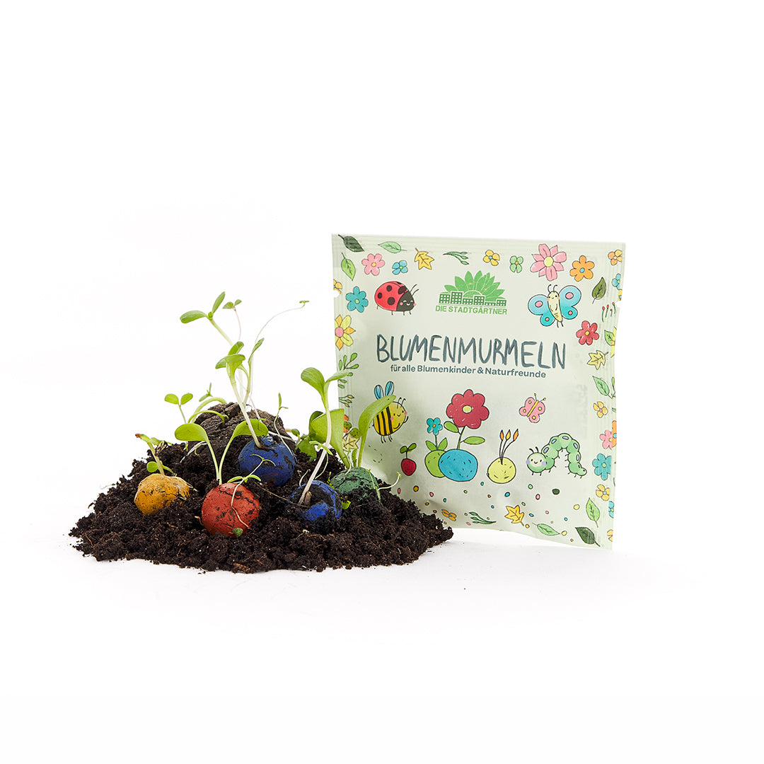Detrás de una bolsa con una etiqueta que dice "Canicas de flores" hay tierra con bolas de semillas de colores y plantas que brotan.