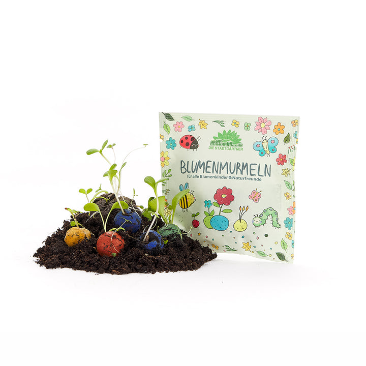 Detrás de una bolsa con una etiqueta que dice "Canicas de flores" hay tierra con bolas de semillas de colores y plantas que brotan.