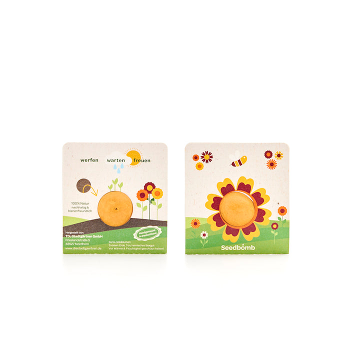 Dos paquetes coloridos de bombas de semillas, ilustrados con flores y una abeja, promueven semillas amigables para las abejas.