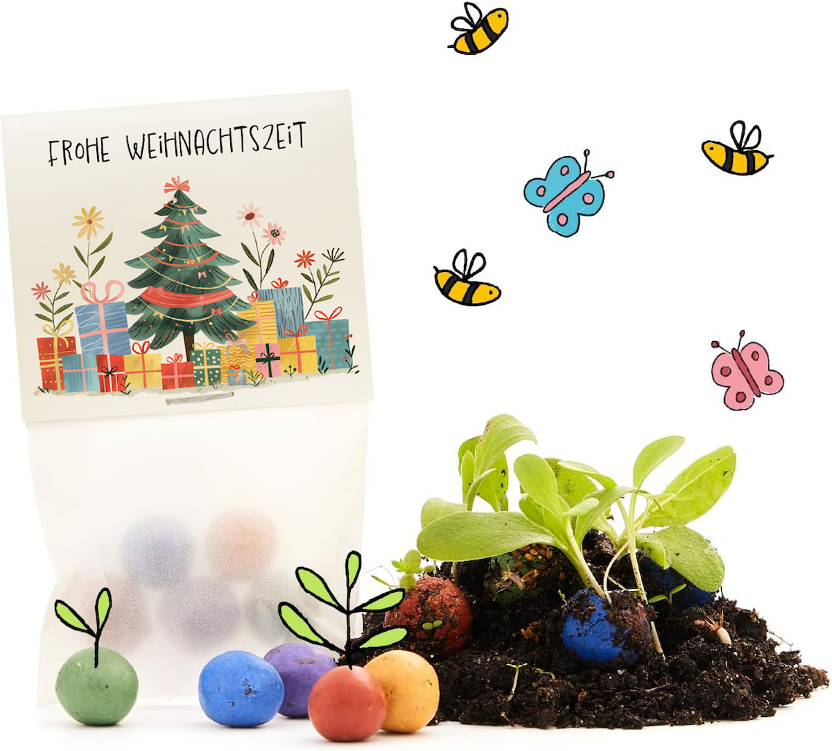 Envoltorio de regalos de Navidad con un árbol de Navidad y regalos, junto a bolas de semillas de colores, tierra, plantas jóvenes y abejas y mariposas dibujadas.