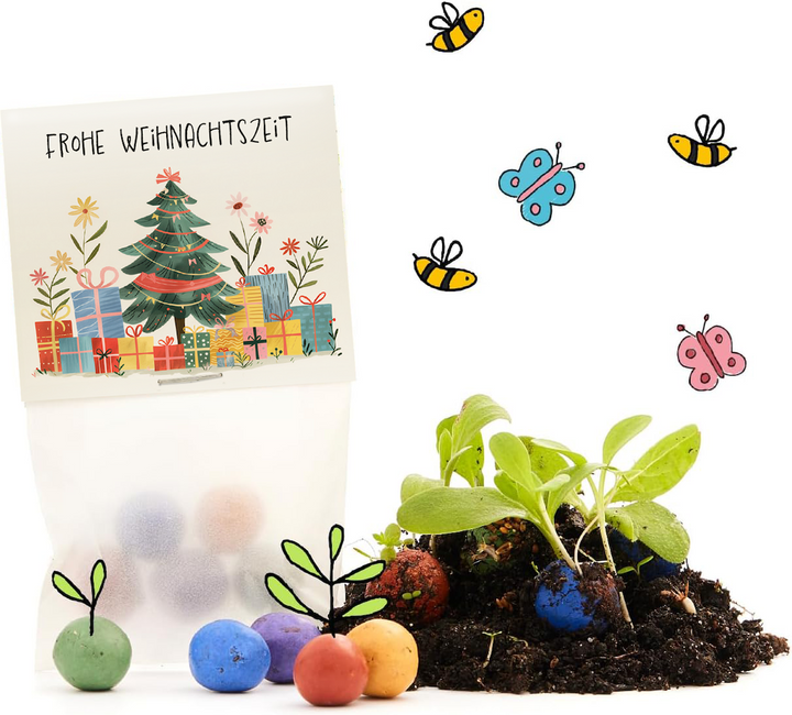 Envoltorio de regalos de Navidad con un árbol de Navidad y regalos, junto a bolas de semillas de colores, tierra, plantas jóvenes y abejas y mariposas dibujadas.