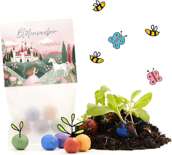 Una bolsa de semillas de flores con un motivo de cuento de hadas, bolas de semillas de colores y plantas jóvenes junto a decoraciones dibujadas de abejas y mariposas.