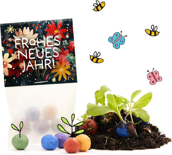 Bolsas con la inscripción "¡Feliz Año Nuevo!", bolas de semillas de colores, tierra con plantas jóvenes, ilustraciones de abejas y mariposas.