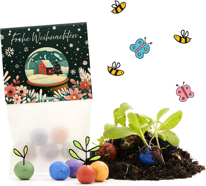Bolsa con la inscripción “Feliz Navidad”, bombas de semillas de colores, tierra, plantas brotando y abejas y mariposas dibujadas.