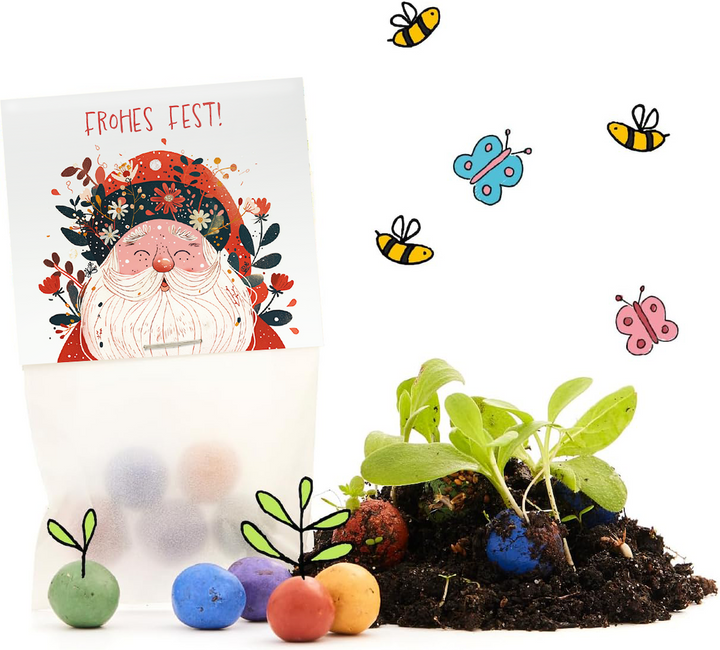 Set de regalo con tarjeta de "¡Felices Fiestas!", bolas de semillas de colores, tierra, plantas jóvenes y dibujos de abejas y mariposas.