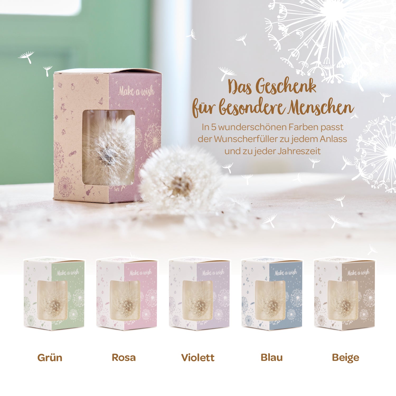 Cinco cajas de regalo con dientes de león en varios colores (verde, rosa, morado, azul, beige) como decorativos cumplidores de deseos, presentadas sobre una mesa, junto al texto "El regalo para personas especiales".