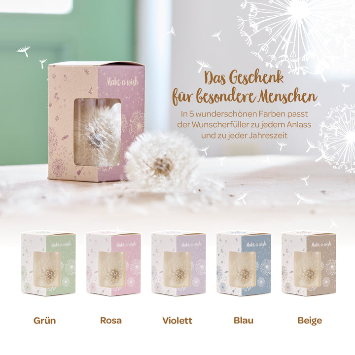 Cinco cajas de regalo con dientes de león en varios colores (verde, rosa, morado, azul, beige) como decorativos cumplidores de deseos, presentadas sobre una mesa, junto al texto "El regalo para personas especiales".