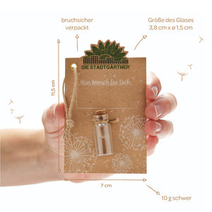 Una mano sostiene una tarjeta marrón con el logo de “Die Stadtgärtner”, una pequeña botella de vidrio con corcho y varios tamaños en centímetros.