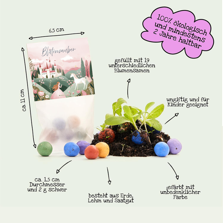 Una bolsa con diseño de cuento de hadas, llena de bolas de semillas de colores, plantas, tierra y etiquetas que detallan propiedades e ingredientes ecológicos y seguros para los niños.