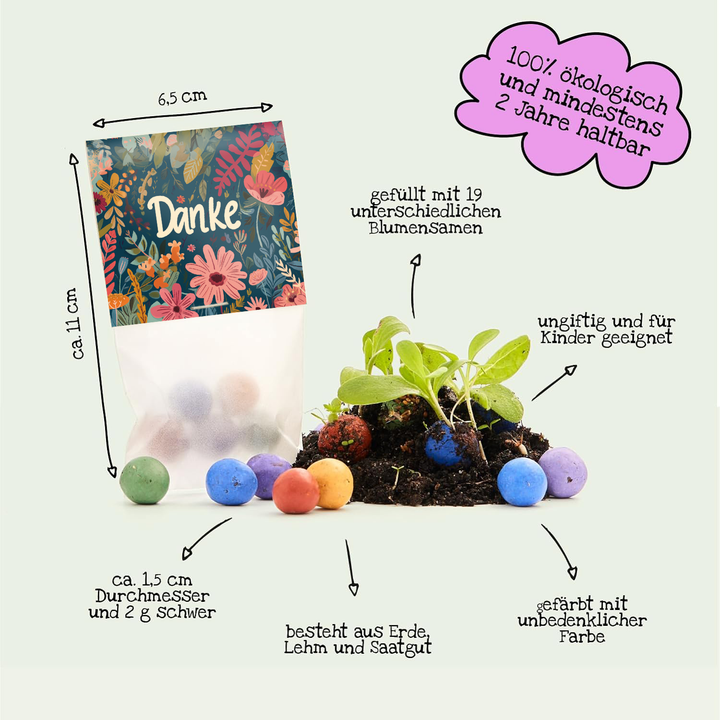 Una bolsa de bombas de semillas de colores, etiquetada como "Gracias", con explicaciones en alemán sobre el tamaño, el contenido, la sostenibilidad ecológica y la idoneidad para niños.