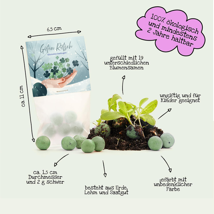 Bolsa que contiene bolas de semillas verdes, plántulas de plantas y etiquetas explicativas en alemán, por ejemplo, sobre el tamaño, la composición y las propiedades ecológicas.